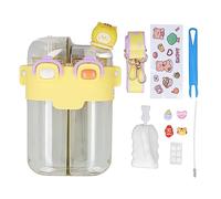 Bouteille D'eau Mignonne 780 Ml à Double Usage pour Boire Directement et Bouche de Paille Anti-fuite Kawaii Bouteille de Boisson avec Paille Réglable Sangle Autocollant Boucle de (Jaune)
