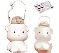 Bouteille d'eau mignonne, bouteille d'eau isotherme 450 ml, 20 x 12, 7 cm, en acier inoxydable, motif ours mignon, avec poignée, couvercle, paille en silicone, sangle réglable, autocollant et bross