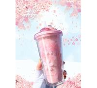 Bouteille d'eau mignonne de 473 ml avec paille et couvercle, bouteille d'eau à double paroi pailletée avec paille, tasse Kawaii en fleurs de cerisier pour cadeaux (rose)