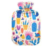 Bouteille d'eau motif cactus bleu dessin animé pour eau chaude avec housse souple, 2 L pour crampes menstruelles, soulagement des douleurs au cou et aux épaules, Bolsa de agua Caliente para el Dolor