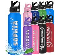 Bouteille d'eau personnalisée avec nom gravé avec icône pour enfants, adolescents, garçons et filles, cadeau de rentrée scolaire, voyage, gym, sport, bouteilles isothermes avec poignée à paille
