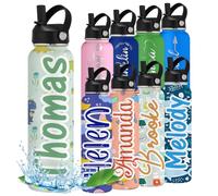 Bouteille d'eau personnalisée avec nom gravé avec icône pour enfants, adolescents, garçons et filles, cadeau de rentrée scolaire, voyage, gym, sport, bouteilles isothermes avec poignée à paille