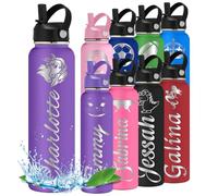 Bouteille d'eau personnalisée avec nom gravé avec icône pour enfants, adolescents, garçons et filles, cadeau de rentrée scolaire, voyage, gym, sport, bouteilles isothermes avec poignée à paille