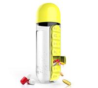 Bouteille d'eau portable 2 en 1 avec pilulier 7 jours pour les voyages et les médicaments le yoga, la course à pied, le cyclisme 600ml (jaune)