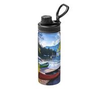 Bouteille d'eau portable à motif lac avec bateaux, canoës, parc, convient pour le cyclisme, la randonnée et l'entraînement à la salle de sport.