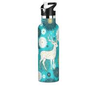 Bouteille d'eau pour enfants avec paille pour l'école - Bouteille de 590 ml pour garçons et filles, sans BPA, motif cerf blanc doré floral