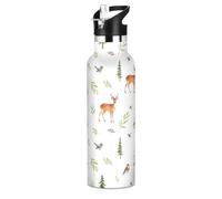 Bouteille d'eau pour enfants avec paille pour l'école, bouteille d'eau de sport étanche pour garçons et filles, 591 ml, sans BPA, motif cerf aquarelle blanc