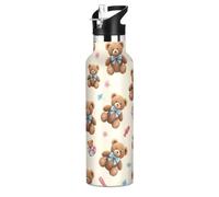Bouteille d'eau pour enfants avec paille pour l'école, bouteille d'eau étanche pour garçons et filles, 591 ml, sans BPA, ours mignons marron