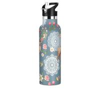 Bouteille d'eau pour enfants avec paille pour l'école, étanche, pour garçons et filles, 591 ml, sans BPA, motif floral de cerf vintage
