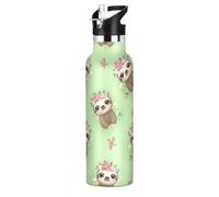 Bouteille d'eau pour enfants, bouteille d'eau en acier inoxydable pour voyage ou école, 591 ml, sans BPA, motif paresseux mignons vert