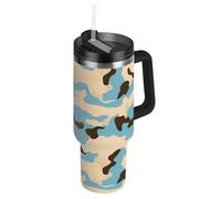 Bouteille d'eau réutilisable de 1200 ml avec paille et couvercle à paille - Tasse décorative avec poignée pour la maison, le bureau ou la voiture - Camouflage bleu beige