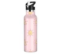 Bouteille d'eau réutilisable sans BPA avec paille chaude et froide à double paroi pour salle de sport et sport Rose dessin animé soleil lune