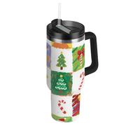 Bouteille d'eau sous vide Merry Christmas Tree en forme de pain d'épices avec paille avec couvercle et paille - Tasse de voyage décorative thermique pour eau, thé glacé ou café - Vaso en acier