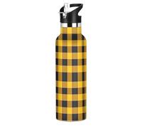 Bouteille d'eau vintage à motif vichy doré et noir, anti-fuite, sans BPA, réutilisable, avec poignée pour garder au chaud et au froid pour vélo, course à pied, sport, voyage, salle de sport