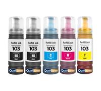 Bouteille d'encre C13T00S14A C13T00S24A C13T00S34A C13T00S44A 103 E103B E103C E103M E103Y Compatible pour Epson EcoTank L3110 L3150 L3250 L3260 L5290 Noirs et Couleurs Pack 5x70ml 30000 Pages