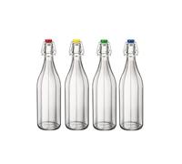 Bouteille en verre brut - Bormioli Rocco - Oxford - 1 l - 306 mm - Bouchons rouge bleu vert et jaune
