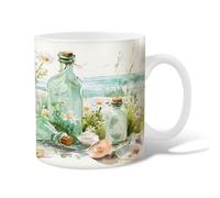 Bouteille en verre - Tasse à café en céramique, marguerites naturelles côtières, coquillages d'été, tasse à thé fantaisie avec poignée, cadeau pour amis, famille, collègues, amoureux, personnes âgées