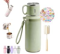 Bouteille isotherme 2 en 1 en acier inoxydable 316 avec gobelet à couvercle, grande capacité, étanche, décorée d'autocollants, thermos amovible, conserve les boissons chaudes et froides (Green,600ml)