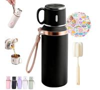 Bouteille isotherme 2 en 1 en acier inoxydable 316 avec gobelet à couvercle, grande capacité, étanche, décorée d'autocollants, thermos amovible, conserve les boissons chaudes et froides (Black,600ml)