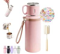 Bouteille isotherme 2 en 1 en acier inoxydable 316 avec gobelet à couvercle, grande capacité, étanche, décorée d'autocollants, thermos amovible, conserve les boissons chaudes et froides (Pink,600ml)