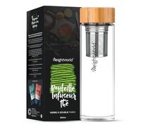 Bouteille Isotherme 500ml avec Filtre Inox et Verre Double Paroi, Thermos Café, Infuseur Thé Chaud, Infusion Thé Froid ou Fruits, Gourde Verre sans BPA avec Couvercle Bambou et Housse de Transport