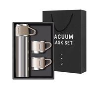 Bouteille isotherme à café en acier inoxydable - 500 ml - Bouteille isotherme avec tasse pour boissons chaudes et froides - Tasse de voyage (marron, trois tasses)