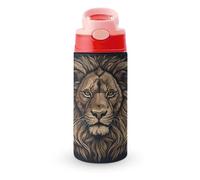 Bouteille isotherme de 350 ml avec bouchon à paille rabattable - Bouteille en acier inoxydable étanche, motif lion.