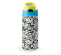 Bouteille isotherme de 350 ml avec bouchon à paille rabattable - Bouteilles en acier inoxydable étanches, motif camouflage blanc