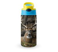 Bouteille isotherme de 350 ml avec bouchon à paille rabattable - Bouteilles en acier inoxydable étanches, motif camouflage cerf