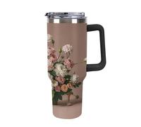 Bouteille isotherme en acier inoxydable de 113 ml avec couvercle et paille à rabat et motif floral de luxe, tasse à café de voyage anti-fuite pour voiture