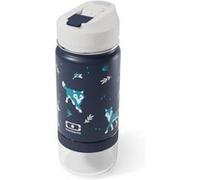 Bouteille isotherme enfant Monbento Twisty Wolf 2-en-1 300 ml - Acier inoxydable - Compartiment snack Bleu foncé avec illustrations bleu clair et blanc