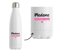 Bouteille Isotherme Madame Marguerite - Bottle - Idée Tasse Personnalisable Cadeau Anniversaire Fête Original Famille Travail Départ Collègue Retraite Noël. (Rose)