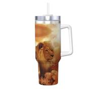 Bouteille isotherme sous vide avec paille et poignée Motif lion africain et lionne 1,2 l