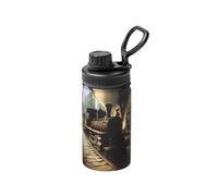 Bouteille isotherme unique personnalisée - Bouteille d'eau isotherme de 355 ml avec motif imprimé complet, acier inoxydable, étanche et durable, le train circule dans une taverne médiévale