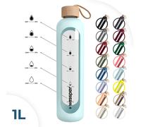 Bouteille Wessper en verre avec étui en silicone, Bouteille d'eau avec repères temporels, Bouteille motivante, Bouteille d'eau transparente en verre borosilicaté, Surveillance de votre consommation d'