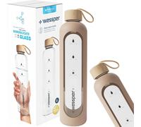 Bouteille Wessper en verre avec étui en silicone, Bouteille d'eau avec repères temporels, Bouteille motivante, Bouteille d'eau transparente en verre borosilicaté, Surveillance de votre consommation d'
