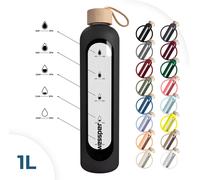 Bouteille Wessper en verre avec étui en silicone, Bouteille d'eau avec repères temporels, Bouteille motivante, Bouteille d'eau transparente en verre borosilicaté, Surveillance de votre consommation d'