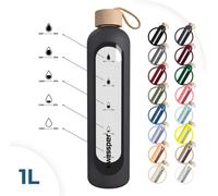 Bouteille Wessper en verre avec étui en silicone, Bouteille d'eau avec repères temporels, Bouteille motivante, Bouteille d'eau transparente en verre borosilicaté, Surveillance de votre consommation d'