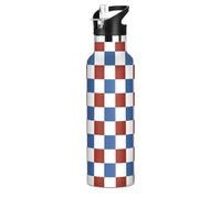 Bouteilles d'eau anti-fuite et sans BPA avec couvercle à bec verseur anti-fuite, isolation sous vide à double paroi pour voyages, camping, sports à carreaux rouges et bleus du 4 juillet