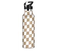Bouteilles d'eau beiges et blanches à carreaux étanches sans BPA de 591 ml avec pailles, isothermes à double paroi sous vide pour eau, lait, jus, école, camping, sport