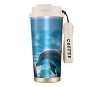 Bouteilles d'eau isothermes en acier inoxydable avec couvercle à pailles, anti-fuite, motif dauphins in the sea - Blanc