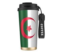 Bouteilles d'eau isothermes en acier inoxydable avec couvercle à pailles, motif drapeau de l'Algérie - Anti-fuite - Noir