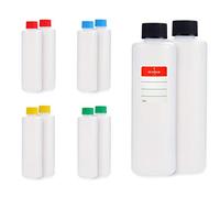 Bouteilles en plastique Octopus 10 x 250 ml, bouteilles en plastique PE-HD avec bouchon à vis de couleur vive,rond bouteilles vides avec bouchons à vis colorés, bouteilles rondes. Dix étiquettes incluses.