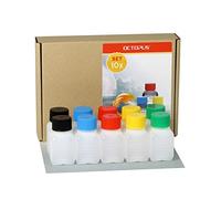 Bouteilles en plastique Octopus 10 x 50 ml, bouteilles en plastique PE-HD avec bouchon à vis de couleur vive, bouteilles vides avec bouchons à vis colorés, bouteilles carrées. Dix étiquettes incluses.