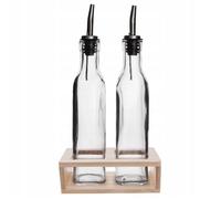 Orion Bouteilles en verre transparent Lot de 2 pour vinaigre et huile – 300 ml – Support en bois