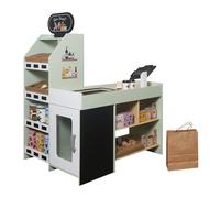 Boutique en bois Supermarché Vert pastel - Grand score pour enfants avec 58 pièces. Accessoires | Caisse enregistreuse, nourriture, restauration rapide et argent de jeu | Supermarché en bois solide