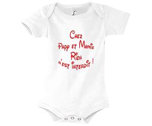 Boutique KKO - Body Bébé Humoristique chez Mamie et Papy Rien n'est Interdit - 100% Coton - Body Classique, Imprimé en France - 6-12 Mois