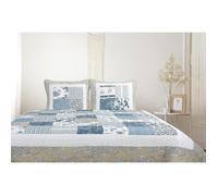 Boutis Patchwork Bleu Matin - 230x250 cm - Boutis 2 places avec 2 taies 65x65cm - Couvre-lit Matelassé - Autrefois