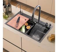 Bouton d'évier de cuisine cascade affichage de la température de l'eau en acier inoxydable évier multifonction évier lavabo à main (80 x 45x 22 cm)