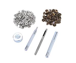 Bouton poussoir en métal de 10mm, 30 pièces, avec ensemble d'outils en cuir pour sacs en tissu de maroquinerie (Boutons 15 argent + 15 bronze)
